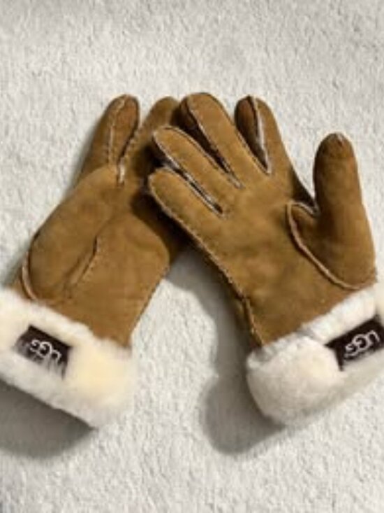 UGG Accessories - UGG Chestnut Suede Shearling Gloves Ivory Fur Cuff Size S